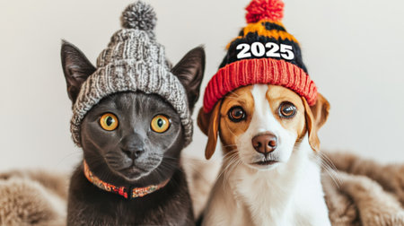Funny dog and cat in knitted hats. Happy New Year and Merry Christmas concept.の素材