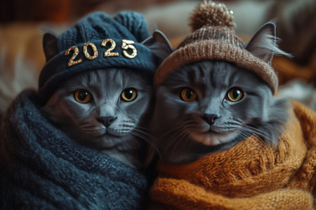 Two cats in warm knitted hats and scarves. Happy New Year.の素材