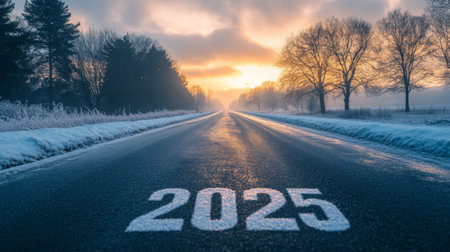 2025 written on asphalt road in winter landscape with trees at sunsetの素材