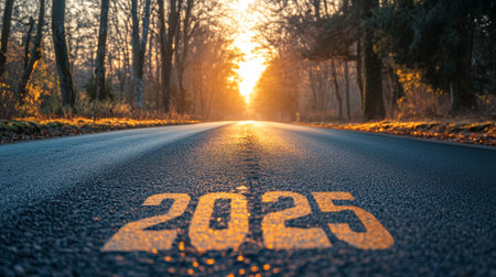 2025 on the asphalt road in the forest. New Year concept.の素材