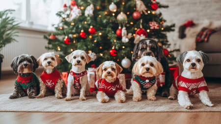 Cute little dogs in Christmas sweaters sitting near the Christmas treeの素材