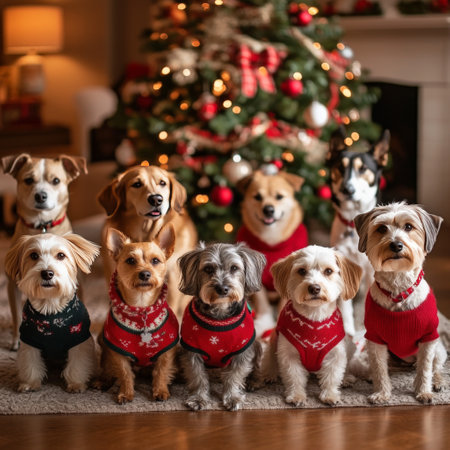 Group of dogs at Christmas tree in red sweaters and scarvesの素材
