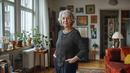 Portrait of a senior woman standing in her living room at homeの素材