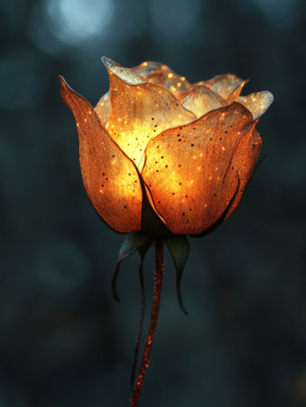 Beautiful orange rose with dew drops on a dark background.の素材