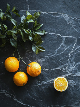 Fresh oranges on black marble background. Flat lay, top view.の素材