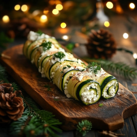 Zucchini rolls with cream cheese and parsley, selective focusの素材