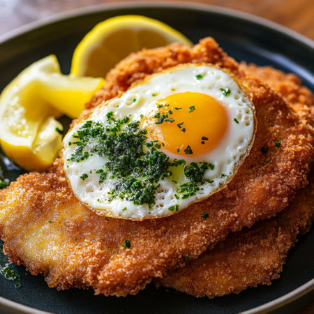 Schnitzel with fried egg and parsley on a plateの素材