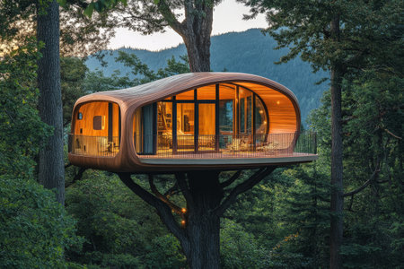 3D rendering of a wooden house on a tree in the forestの素材