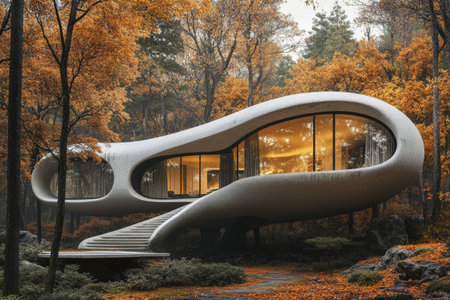 Modern architecture in the autumn park. 3d rendering. Computer digital drawing.の素材