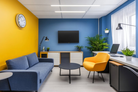 Interior of modern office with blue and yellow walls, wooden floor, rows of computer tables and yellow sofa. 3d renderingの素材