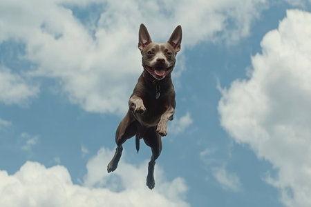 Purebred thai ridgeback dog jumping in the sky with cloudsの素材