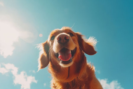 Cute golden retriever dog on blue sky background. Happy dogの素材