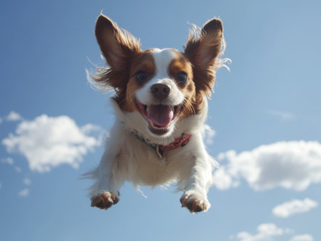 Cavalier King Charles Spaniel jumping against blue sky and cloudsの素材