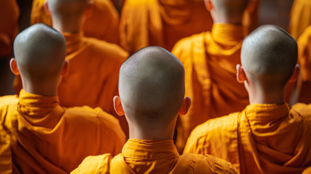 Buddhist monks in orange robes in a Buddhist monastery, back viewの素材