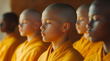 Buddhist monks in a row in front of the camera.の素材