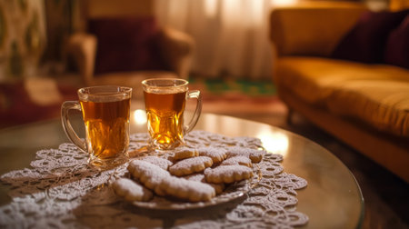 Two cups of tea with cookies on the table in the living roomの素材