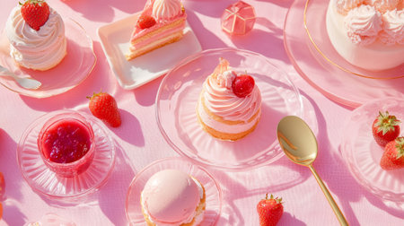 Fruit cake with cream and strawberry on pink background, top viewの素材