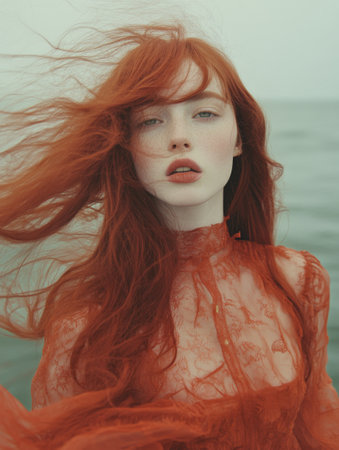 Portrait of a beautiful girl with long red hair on the beach.の素材