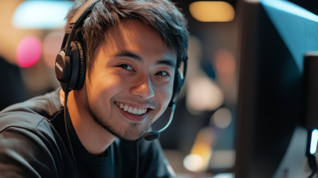 portrait of young asian man playing video games on computer at nightの素材