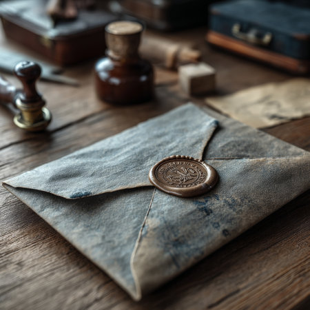 Antique wax seal on a wooden table, close-up.の素材