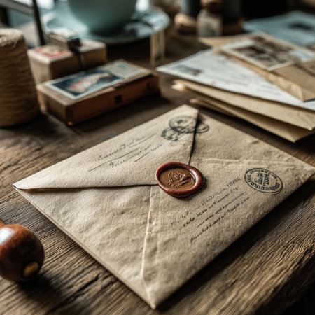 Envelope with wax seal on a wooden table. Vintage style.の素材