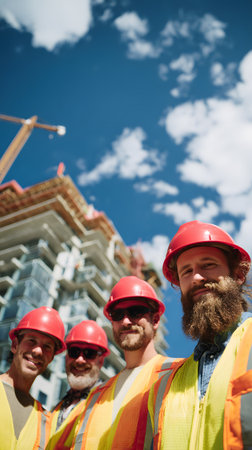 Portrait of a group of builders on the background of a new buildingの素材
