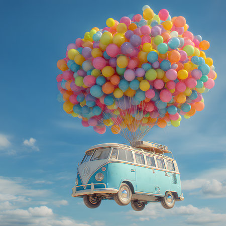 Vintage bus with colorful balloons flying in the sky. 3D renderingの素材
