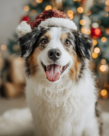 Portrait of a cute australian shepherd dog in Santa Claus hatの素材