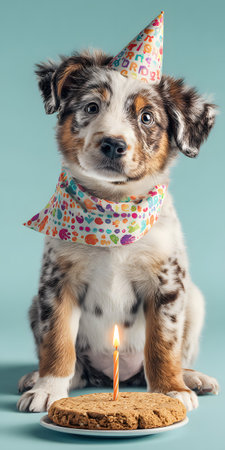 Australian shepherd puppy with birthday cake on blue background. Studio shot.の素材