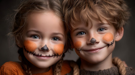 Little boy and girl with halloween face painting on dark backgroundの素材