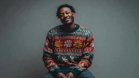 Handsome african american man in a warm sweater on a gray backgroundの素材