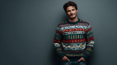 smiling handsome man in christmas sweater looking at camera isolated on greyの素材