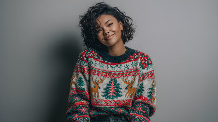 young african american woman in christmas sweater on gray backgroundの素材