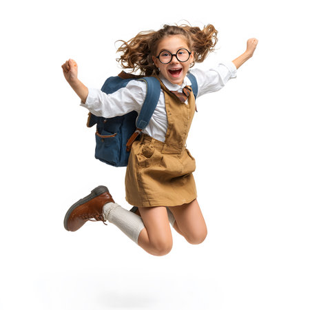 Happy little schoolgirl jumping isolated on white background. Back to school concept.の素材