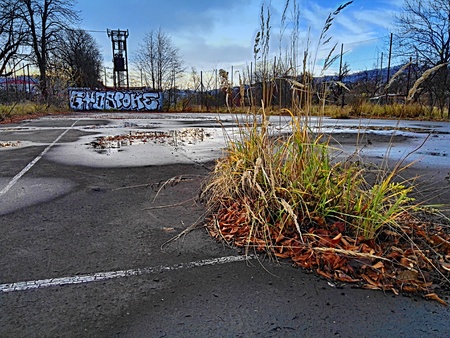 Abandoned playground after rain in the fallの写真素材