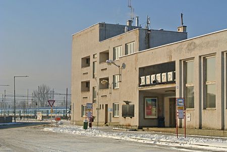 Train and bus station building in winterのeditorial素材