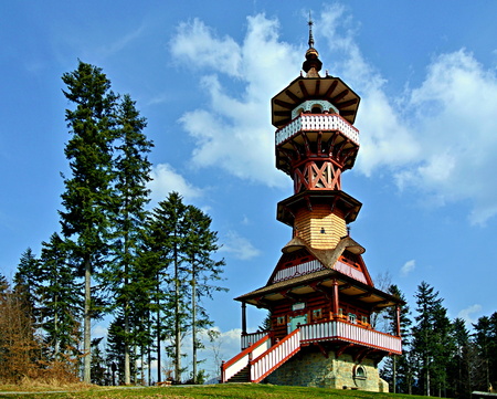 Petrin lookout tower at night in Pragueの写真素材