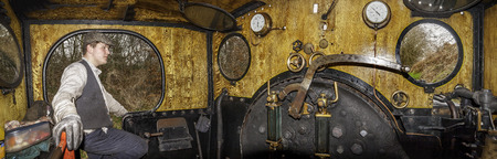 Tanfield, UK, March 13th, 2016 On the footplate of Engine No. 3, Twizell a steam locomotive at Tanfield Railway, the oldest railway in the world. A 3 part Panrama.のeditorial素材