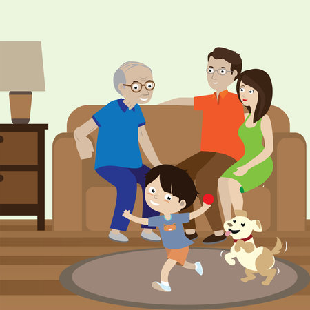 Happy family relaxing in living room with puppyのイラスト素材