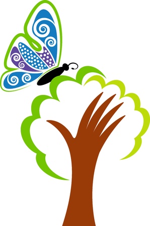 Illustration art of a hand tree logo with isolated backgroundのイラスト素材