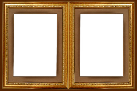 closeup shot on double gold picture frame with white backgroundの写真素材