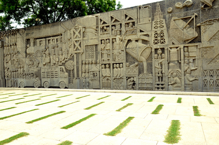 camera shot on stone carving on wallの写真素材