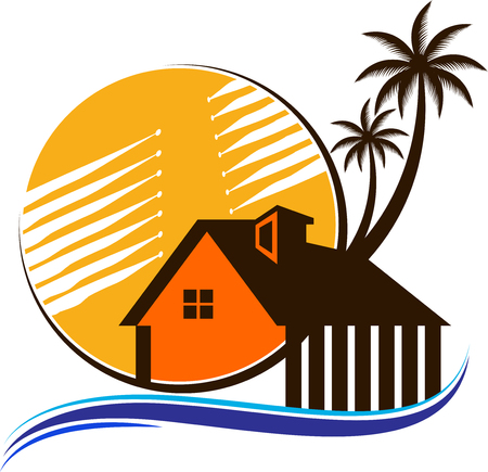 Illustration art of a house tree palm beach icon with isolated backgroundのイラスト素材