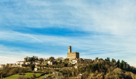 A landscape of old town of Poppi and its medieval castle in Tuscany, Italyの写真素材