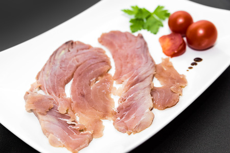 A delicious fresh Mediterranean tuna carpaccio, without condimentsの写真素材