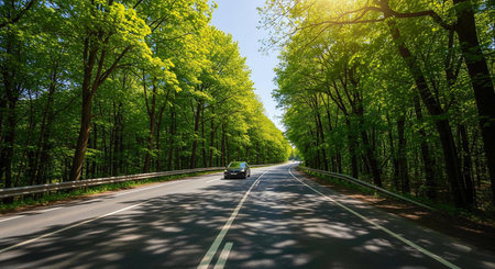 Asphalt road in the green forest with trees and blue sky.
