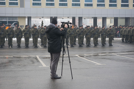 Boleslawiec, Poland, February 5 2017 unidentified soldiers stands during the event organized by polish and american soldiers under the name "Safe Poland" in Boleslawiec on February 5 2017のeditorial素材