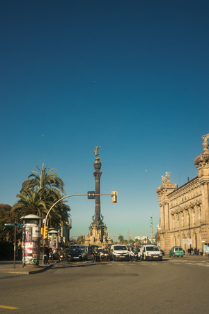 Street view of the Columbus Monument in Barcelonaのeditorial素材