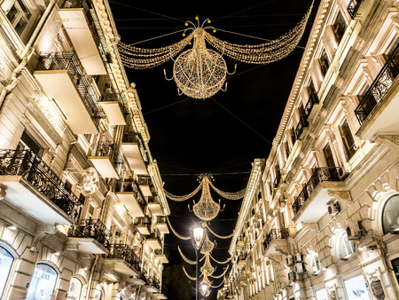 Nizami street in the center of Baku, Azarbaijan,  illuminated by nightのeditorial素材