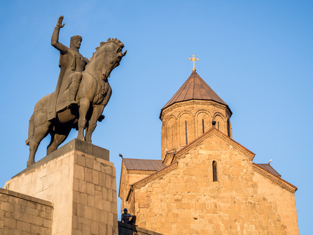 Metekhi church and the statue of King Vakhtang Gorgasali. in the old town of Tbilisi, the capital of Georgia, at sunset.のeditorial素材